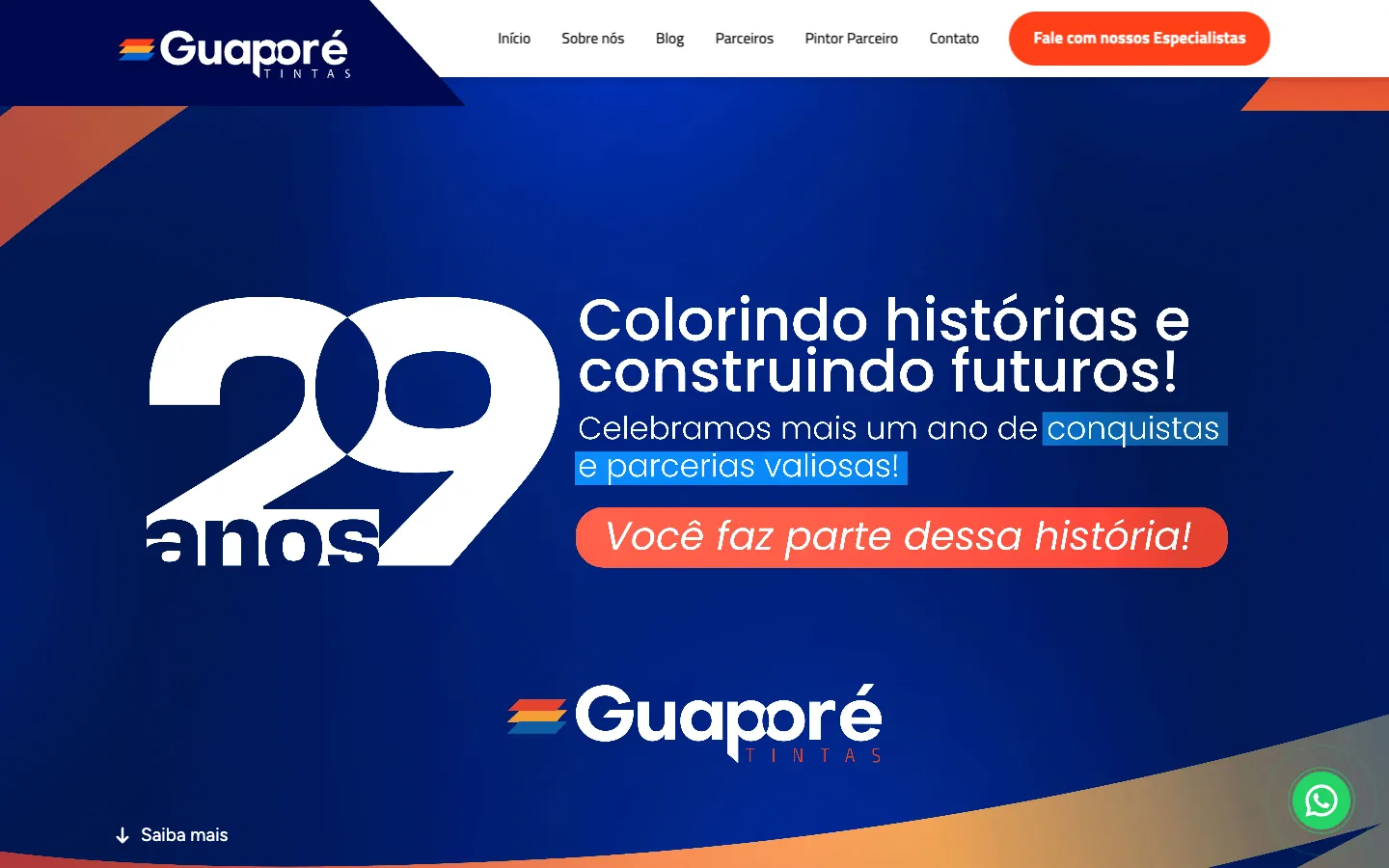 Primeira tela do site atual da Guaporé Tintas