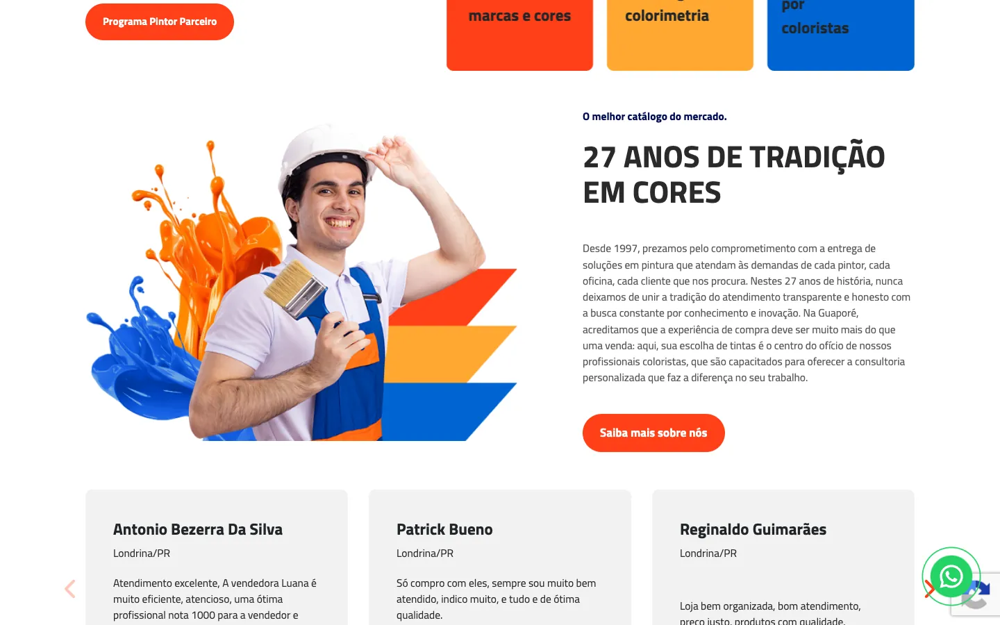Seção de história no site atual