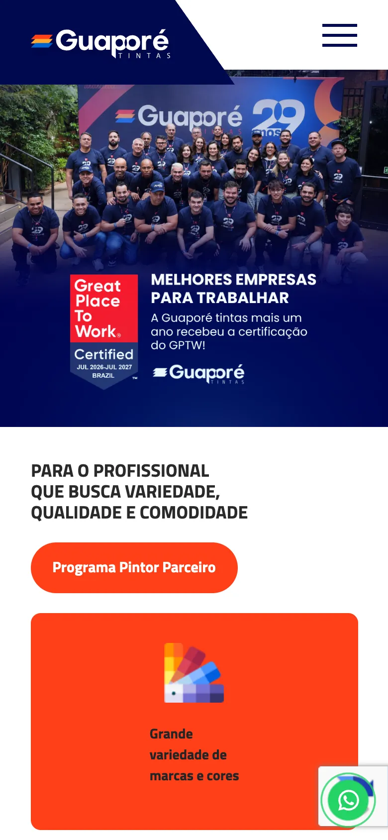Primeira tela da Início no site atual, celular