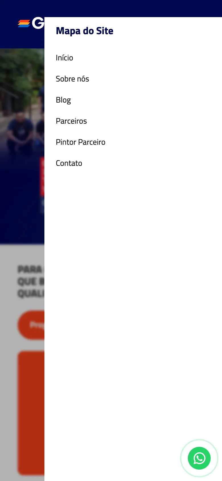 Menu mobile aberto do site atual
