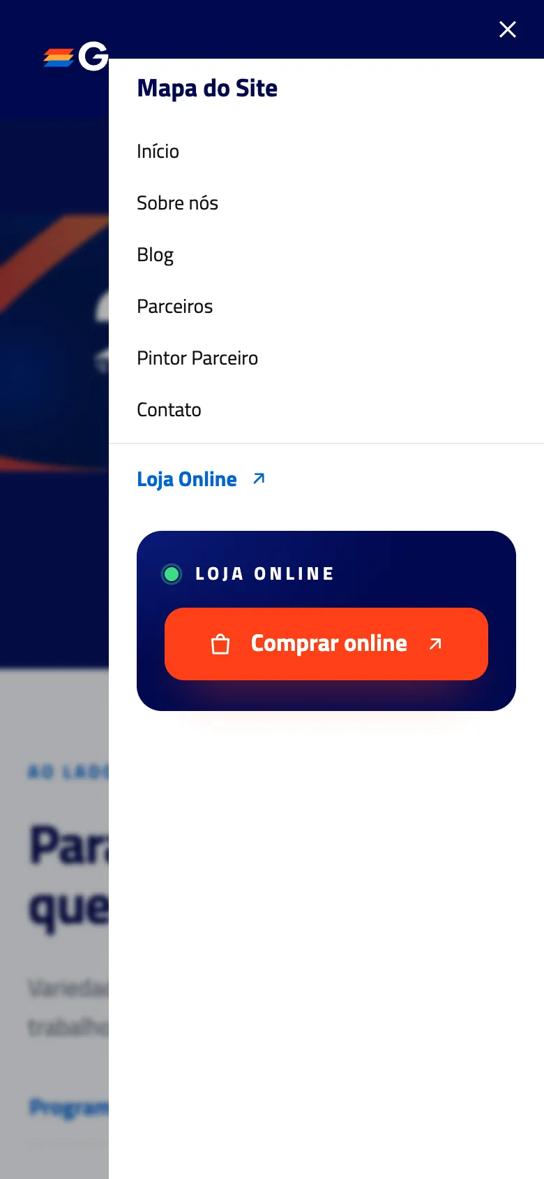 Menu mobile aberto da nova versão